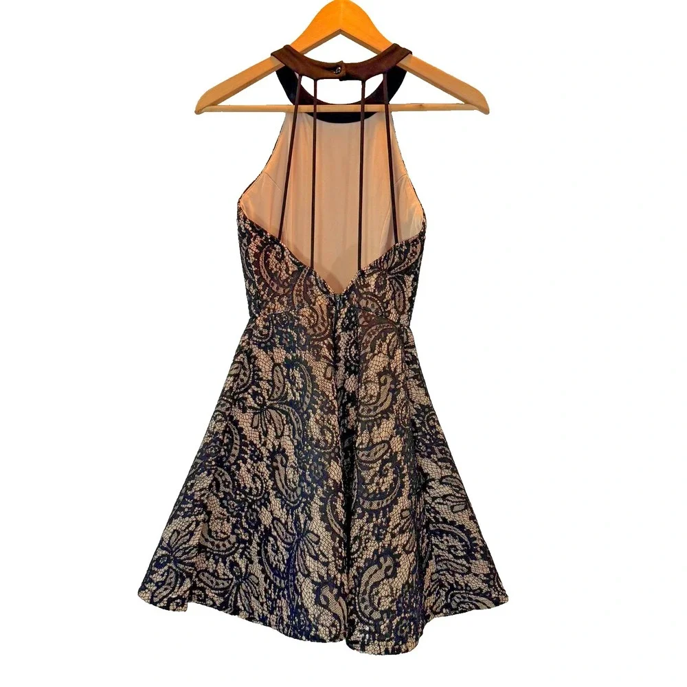 Windsor Black Lace Halter Homecoming Hoco Party Dress Sz S Nude Illusion Back - Picture 5 of 15